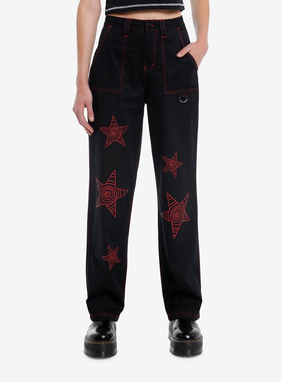 Hot Topic Star Swirl Skater Punk Emo Goth Pants Black Red Wide Leg Size 3
